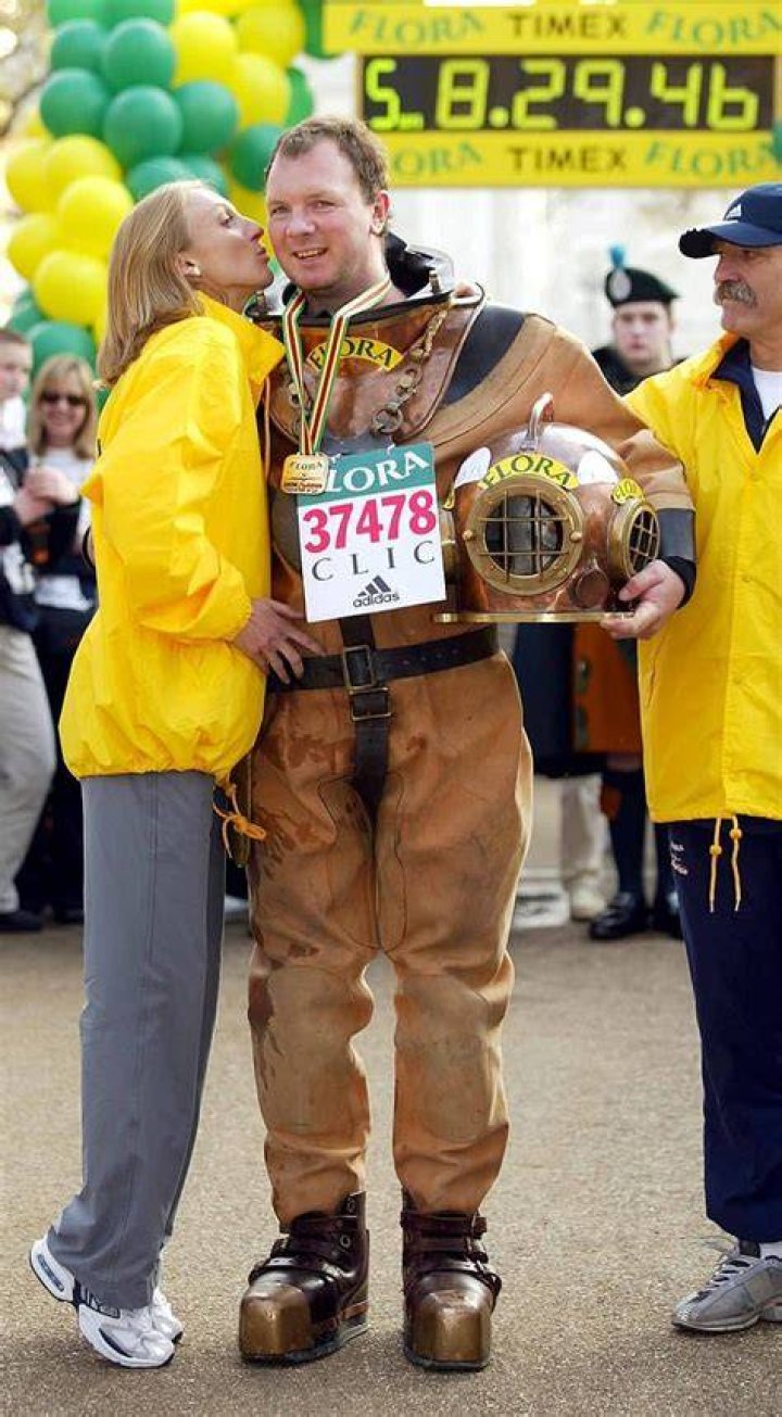 Charity campaigner Scott's time was significantly impacted by the fact that he completed the race wearing a deep-sea diving suit