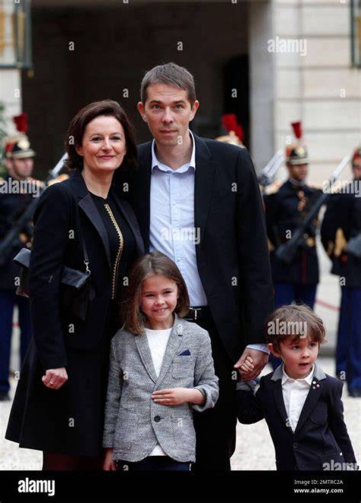 Sebastien Auziere, son of Brigitte, with his wife and their children at the Elysee Palace prior to the handover ceremony for New French President Emmanuel Macron, May 14, 2017, in Paris